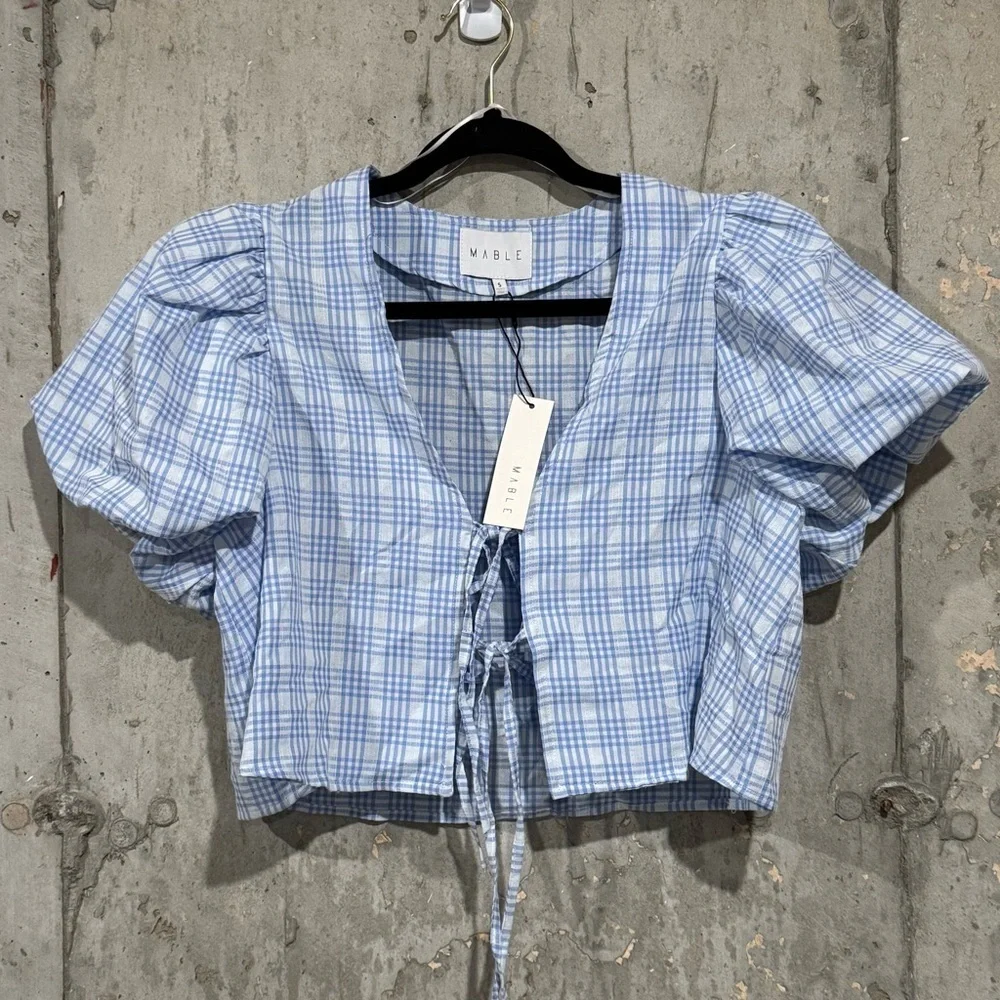 Mable NWT Small Blue Gingham Arleth Stripe Blouse And Shorts Set Puff Sleeve Tie